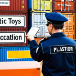 **Image:** A busy shipping port scene. Containers labeled with various international destinations. A customs officer examining a container labeled "Plastic Toys" but with a faint outline suggesting electronics hidden inside. Focus on the suspicion and potential for misdeclaration.