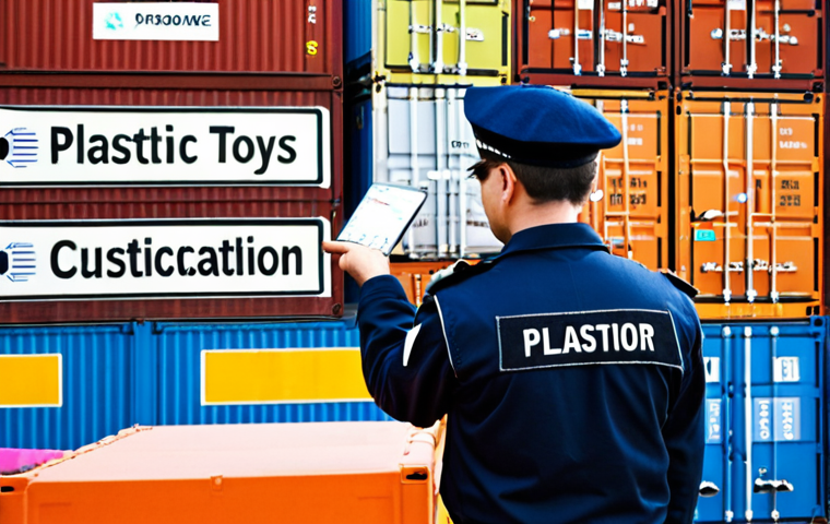 **Image:** A busy shipping port scene. Containers labeled with various international destinations. A customs officer examining a container labeled "Plastic Toys" but with a faint outline suggesting electronics hidden inside. Focus on the suspicion and potential for misdeclaration.