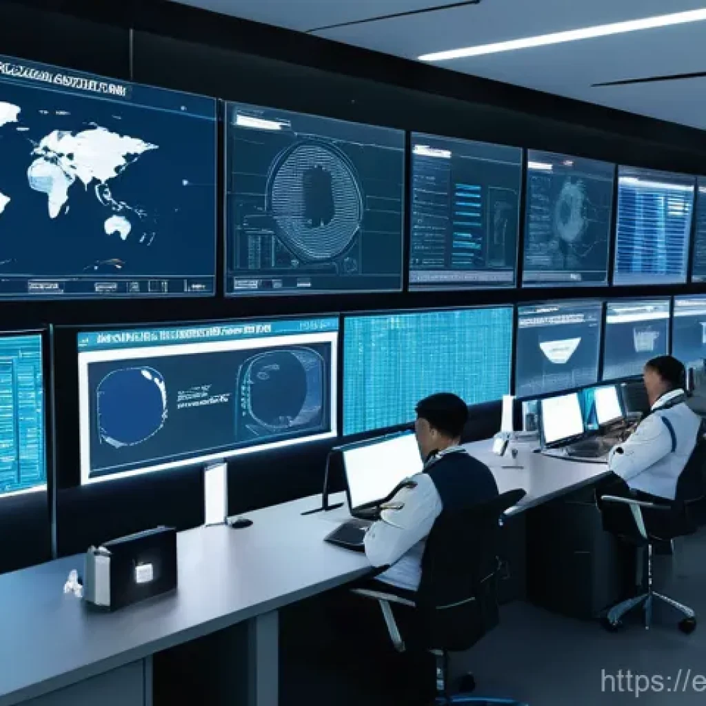 국제물류사와 관련된 최신 법률 변화 - A futuristic, highly secure digital customs control center where advanced AI systems are displayed a...