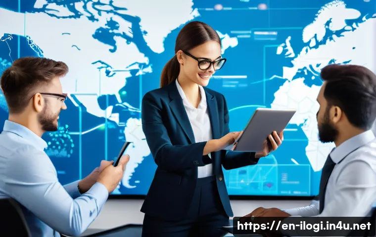국제물류사 이직 시 필요한 이력서 작성법 - A professional office setting showcasing a diverse international logistics team collaborating over a...