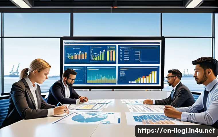 국제물류사 실기시험 준비 팁 - A detailed, modern office scene showing a diverse group of logistics professionals collaborating aro...