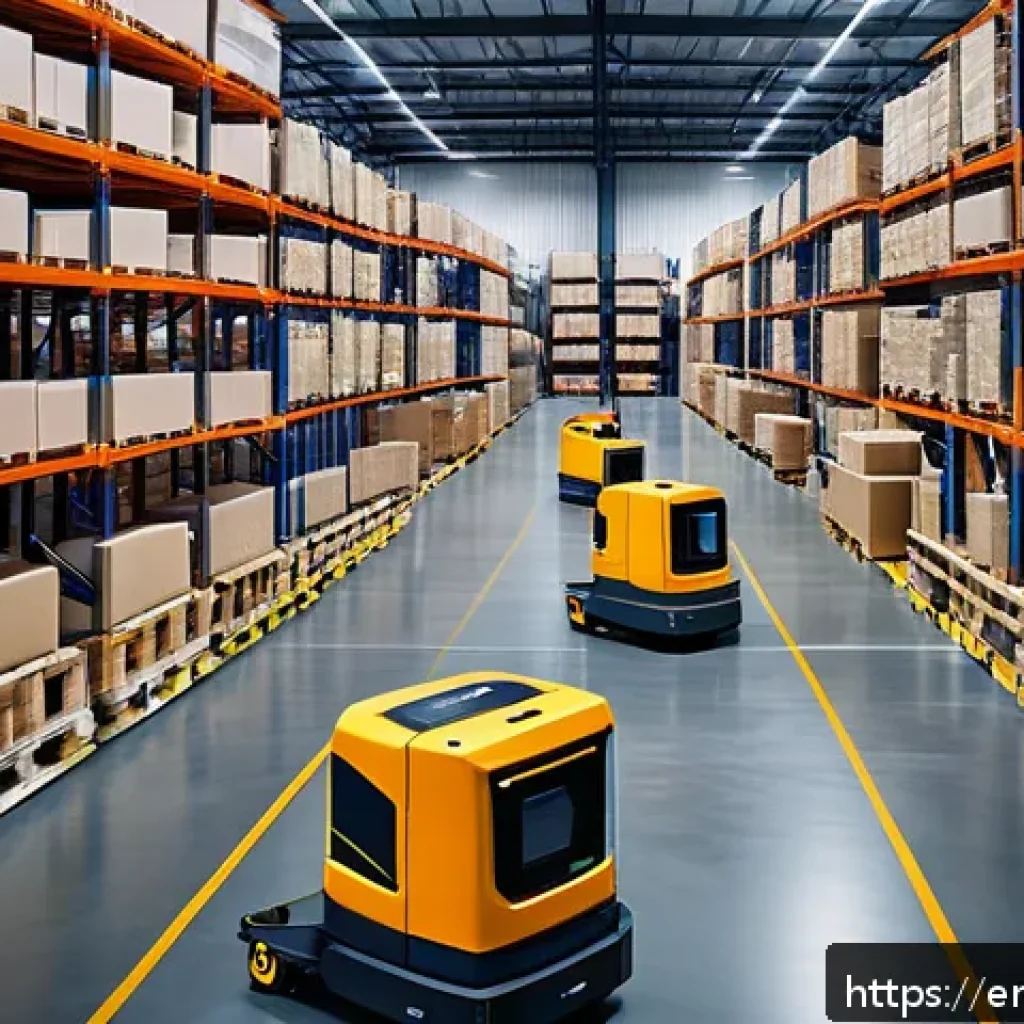 국제물류사와 로봇 자동화 기술의 융합 - A highly detailed modern warehouse interior featuring multiple Automated Guided Vehicles (AGVs) smoo...