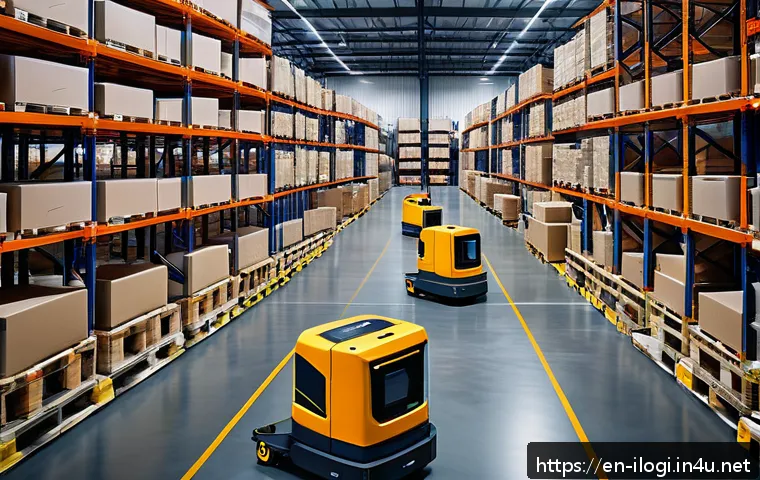 국제물류사와 로봇 자동화 기술의 융합 - A highly detailed modern warehouse interior featuring multiple Automated Guided Vehicles (AGVs) smoo...