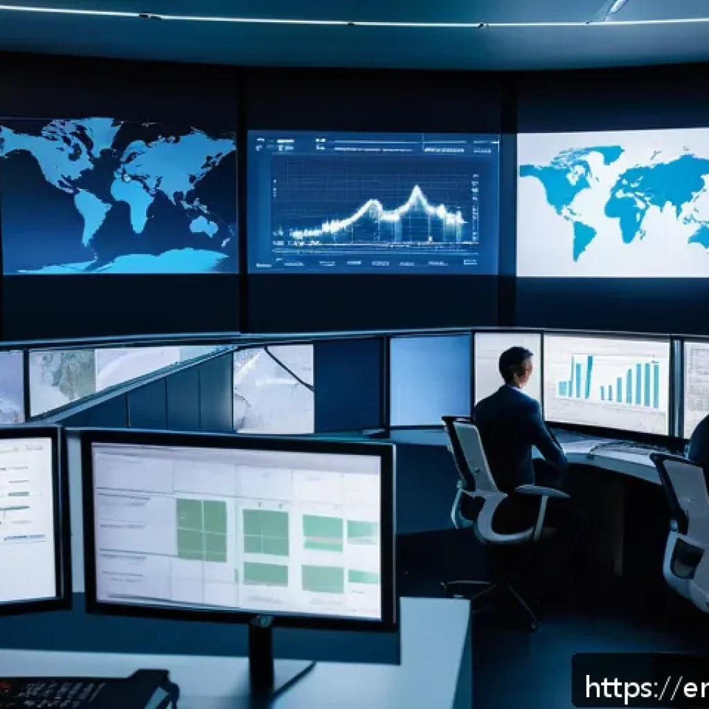 국제물류사의 하루 일과 - A highly detailed, realistic depiction of a modern international logistics control room featuring a ...