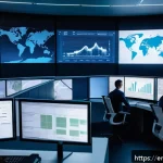 Home 22 국제물류사의 하루 일과 - A highly detailed, realistic depiction of a modern international logistics control room featuring a ...