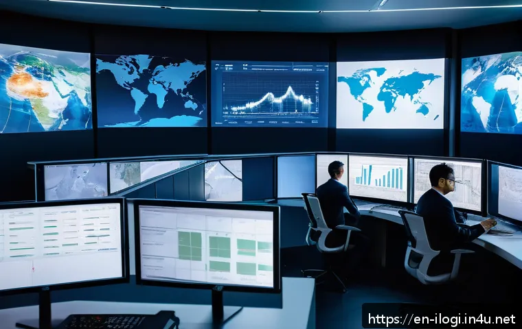 국제물류사의 하루 일과 - A highly detailed, realistic depiction of a modern international logistics control room featuring a ...