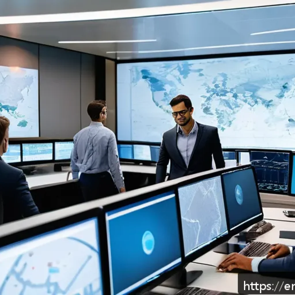국제물류 취업 인터뷰 질문과 답변 예시 - A modern international logistics control room bustling with activity, featuring diverse professional...