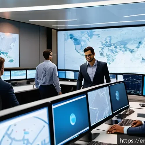 Home 33 국제물류 취업 인터뷰 질문과 답변 예시 - A modern international logistics control room bustling with activity, featuring diverse professional...