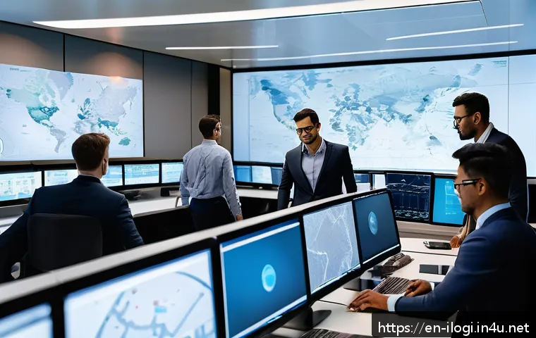 국제물류 취업 인터뷰 질문과 답변 예시 - A modern international logistics control room bustling with activity, featuring diverse professional...