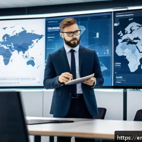 Home 32 국제물류사 자격증의 경쟁력 있는 점 - A professional logistics manager in a modern office environment, reviewing international shipping ro...