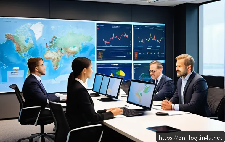 국제물류사 자격증의 수익성 분석 - A professional business setting showing a diverse group of logistics experts in a modern office, all...