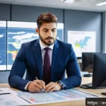 Home 18 국제물류사 자격증의 해외 취업 활용도 - A professional international logistics manager in a modern office environment, reviewing global supp...